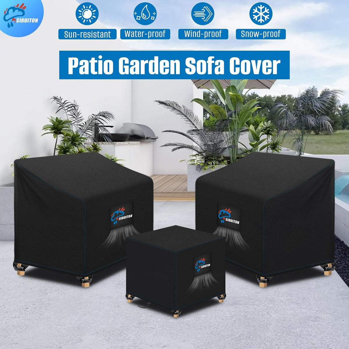 SIRUITON 3 Piece Outdoor Veranda Patio Garden Furniture Cover Set with 420D Durable and Water Resistant Fabric,Fit for Outdoor Wicker Patio Furniture Sets/Rattan Chair Conversation Sets-Balck