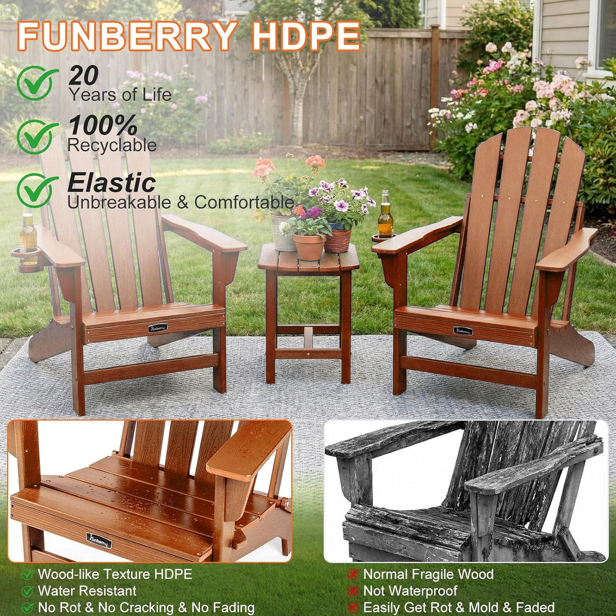 FUNBERRY Oversized Folding Adirondack Chair Set of 4, Fire Pit Chair 400LBS