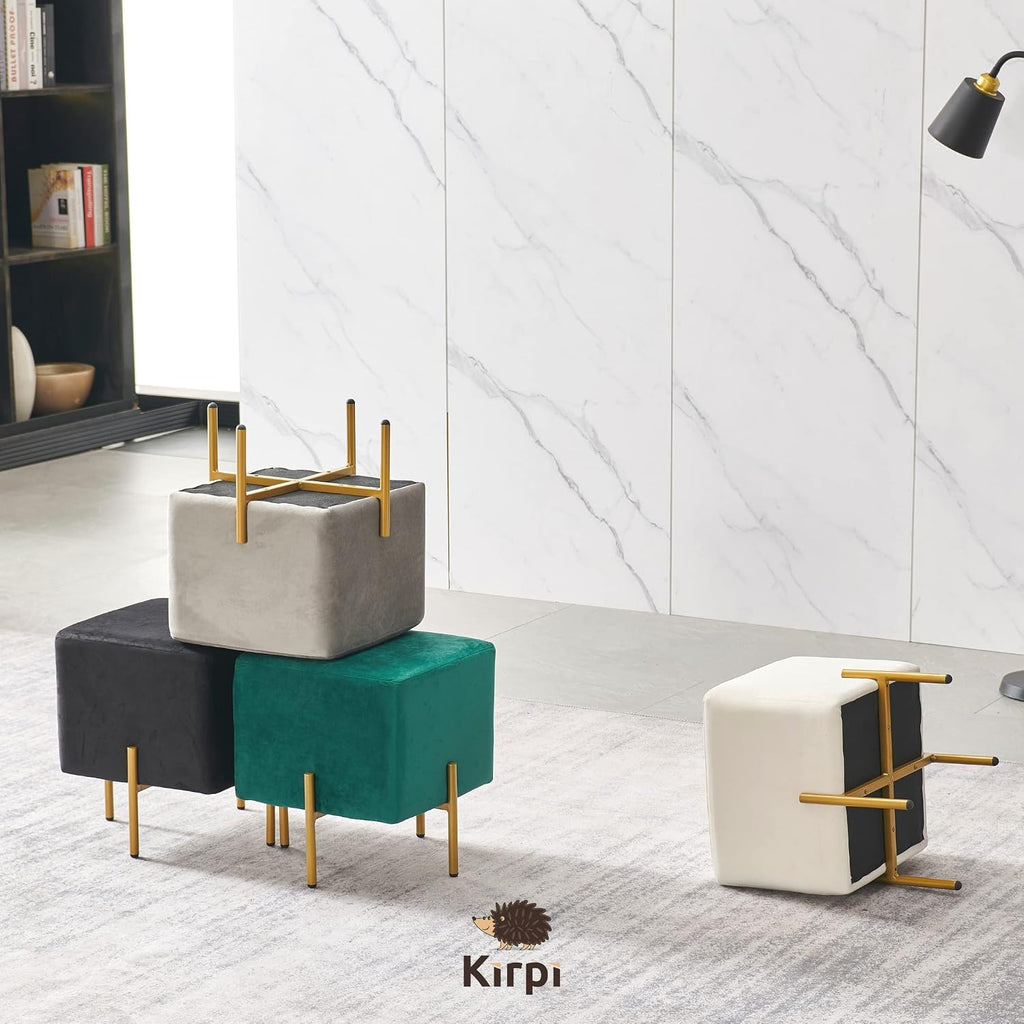Kirpi Cream Velvet Foot Stool Set of 2, Modern Vanity Ottoman Stools with Gold Legs, Cube Accent Foot Rest for Living Room Bedroom Makeup Vanity (Cream)