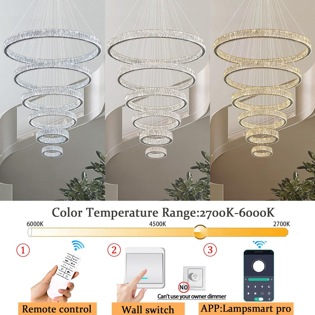 Extra Large 6 Ring Crystal Chandelier Modern LED Long Crystal Chandelier for High Ceiling Height Adjustable D8+15.7"+23.6"+31.5"+39.4"+47.5" Dimmable 2700K-6000K