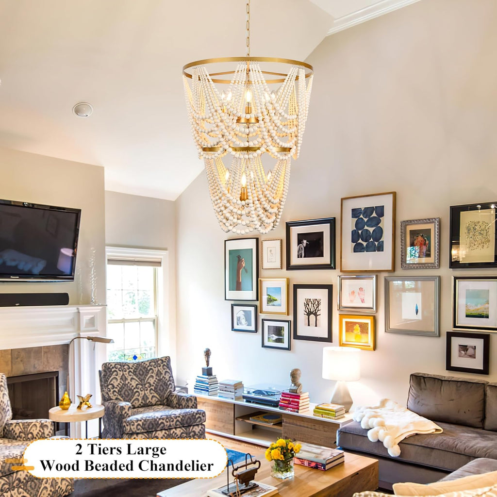 12-Light 25.6" Boho Wood Beaded Chandelier for Living Room, H88 Adjustable 2-Tier Gold Large Boho Chandelier for Entryway, Dimmable Coastal Chandeliers for Bedroom Foyer Staircase