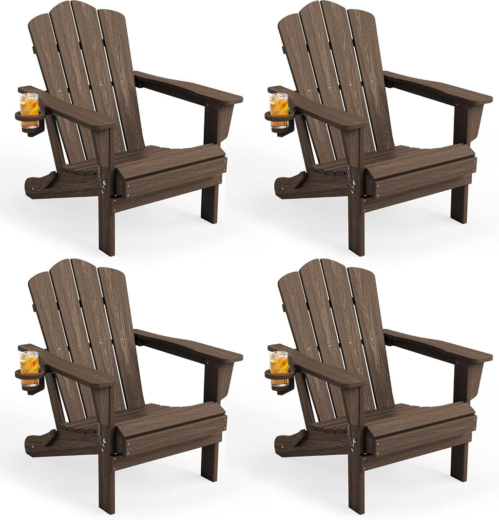 KINGYES Folding Adirondack Chair Set of 4 with Cup Holder, Coffee