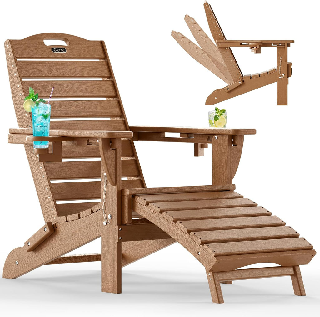 Ciokea HDPE Folding Adirondack Chair with Footrest,Teak,1
