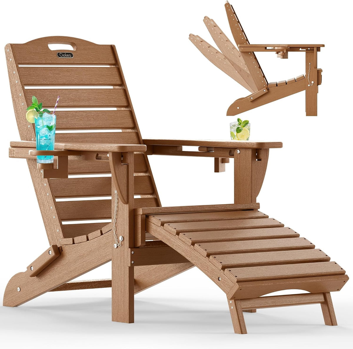 Ciokea HDPE Folding Adirondack Chair with Footrest,Teak,1