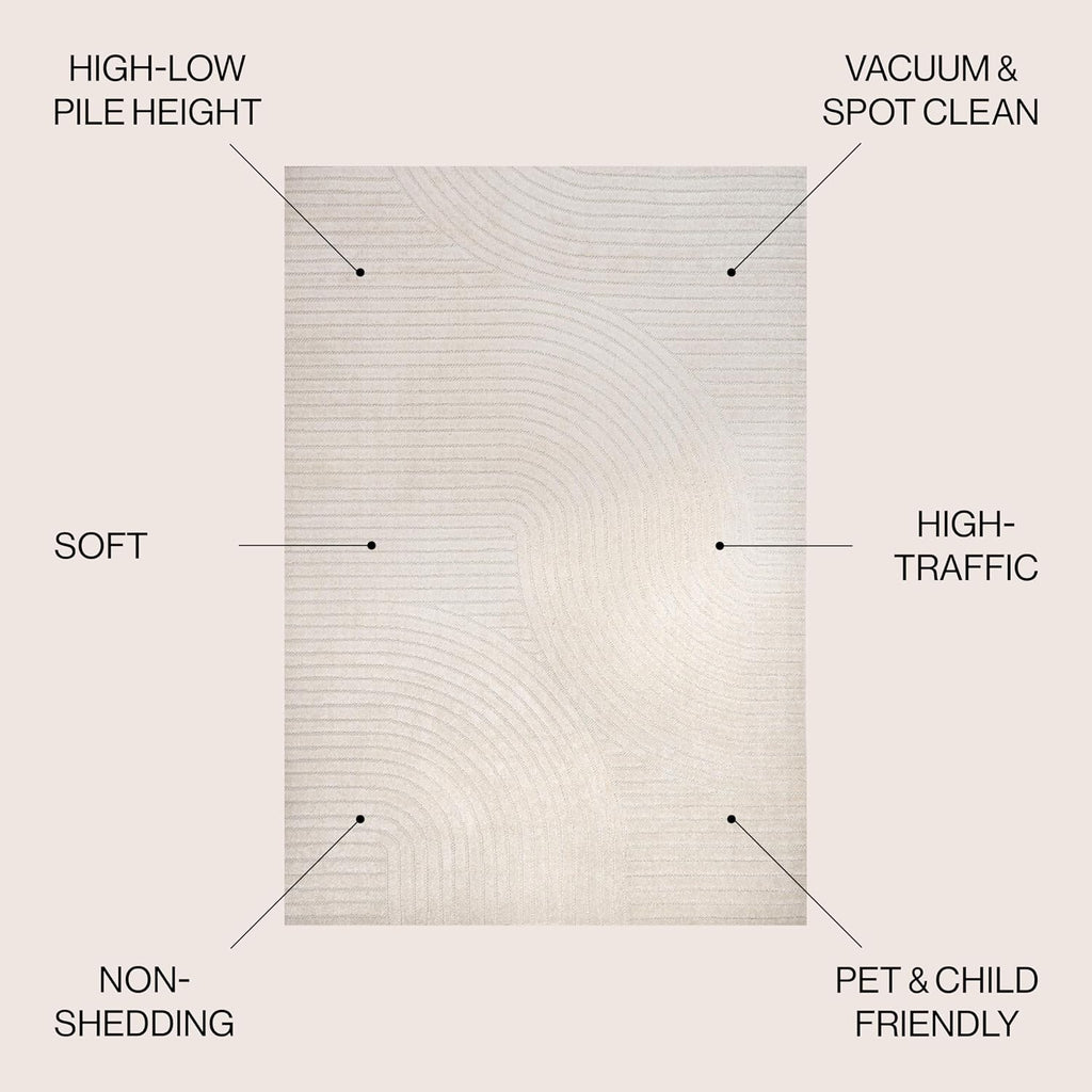 JONATHAN Y Hallie High-Low Curve Ivory/Cream Indoor/Outdoor Area Rug, 5x8, Minimalist, Pet Friendly, Non-Shedding, Stain Resistant, Hose-Washable for Backyard, Patio, Porch (SCN100B-5)