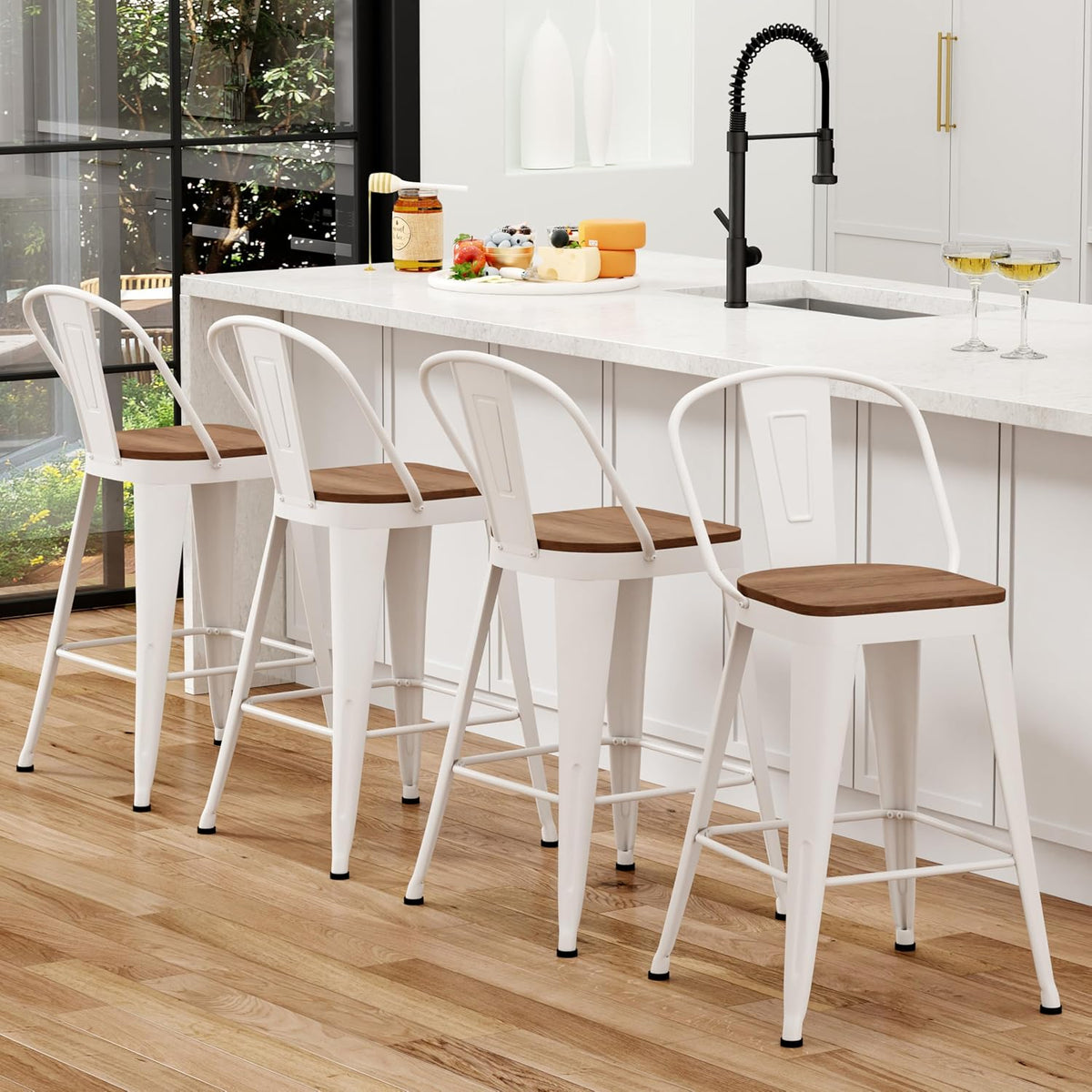 24" Metal Counter Height Bar Stools with Back Set of 4 Off-White