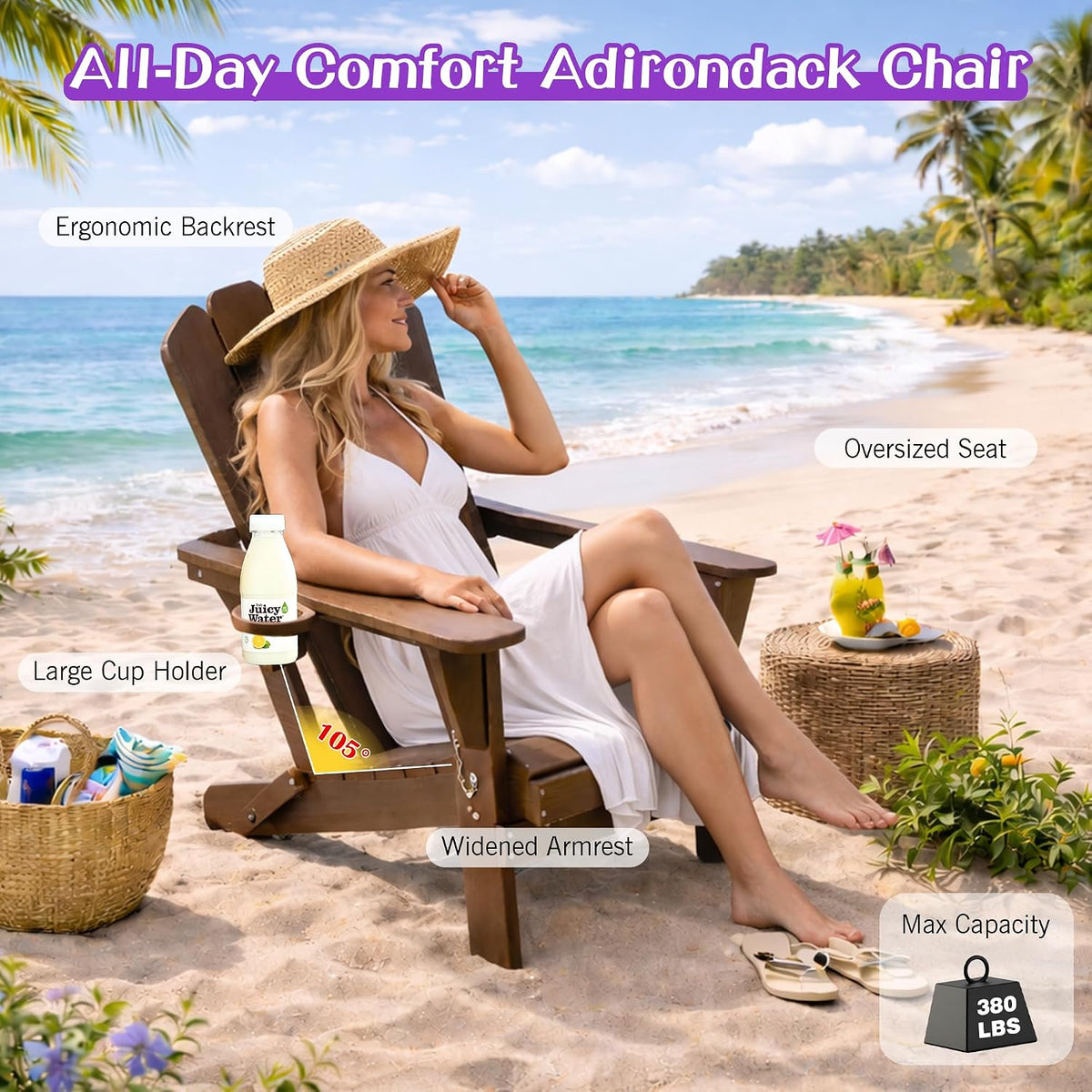 Domi Folding Adirondack Chair Set of 6, HDPE All-Weather Adirondack Chairs with Cup Holder, Outdoor Plastic Fire Pit Chairs Wood Texture for Poolside, Patio, Backyard, Deck (Khaki)