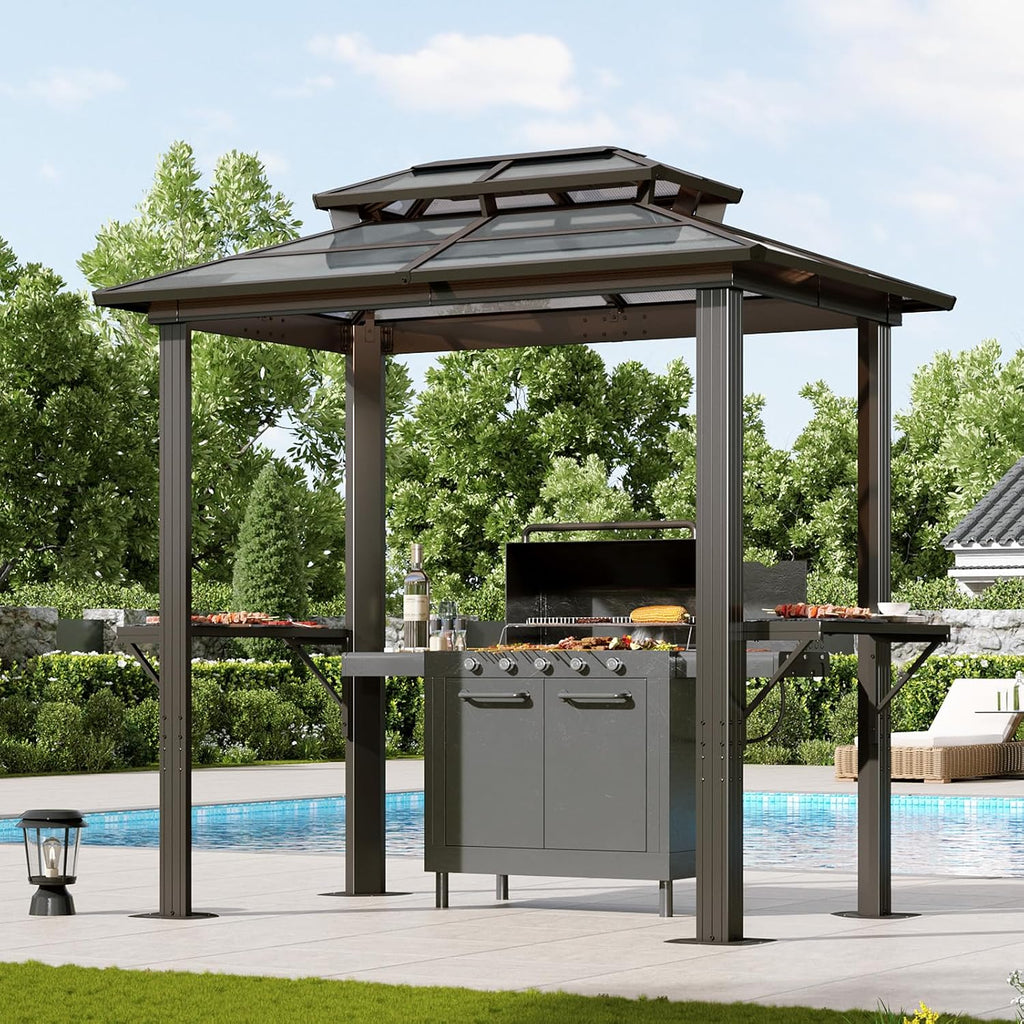 Aoxun 8'x5' Hardtop Grill Gazebo with Double Polycarbonate Top, Brown
