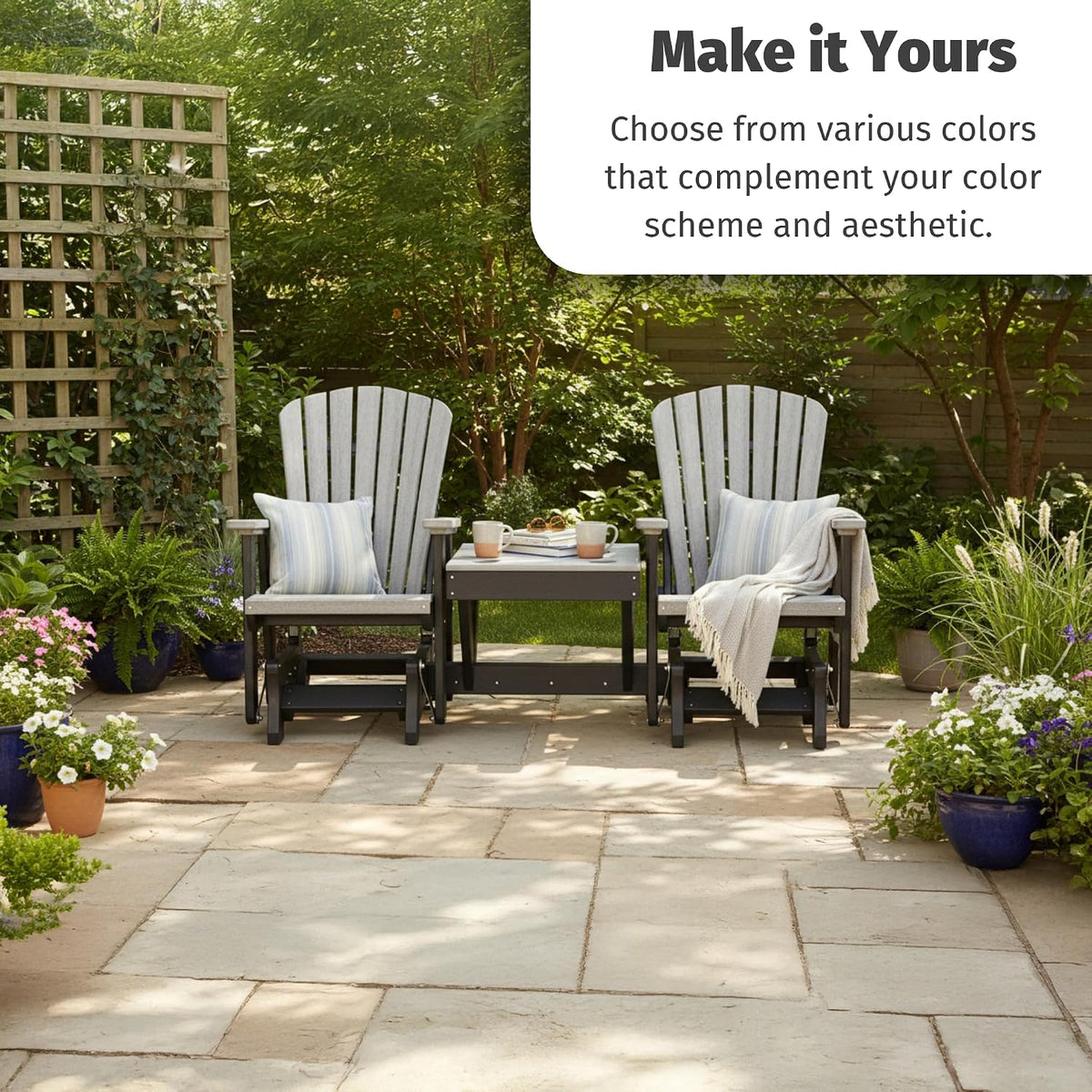 DutchCrafters Slat Fan Back Double Poly Adirondack Glider Outdoor Patio Chairs with Center Table (Black & Aruba Blue)