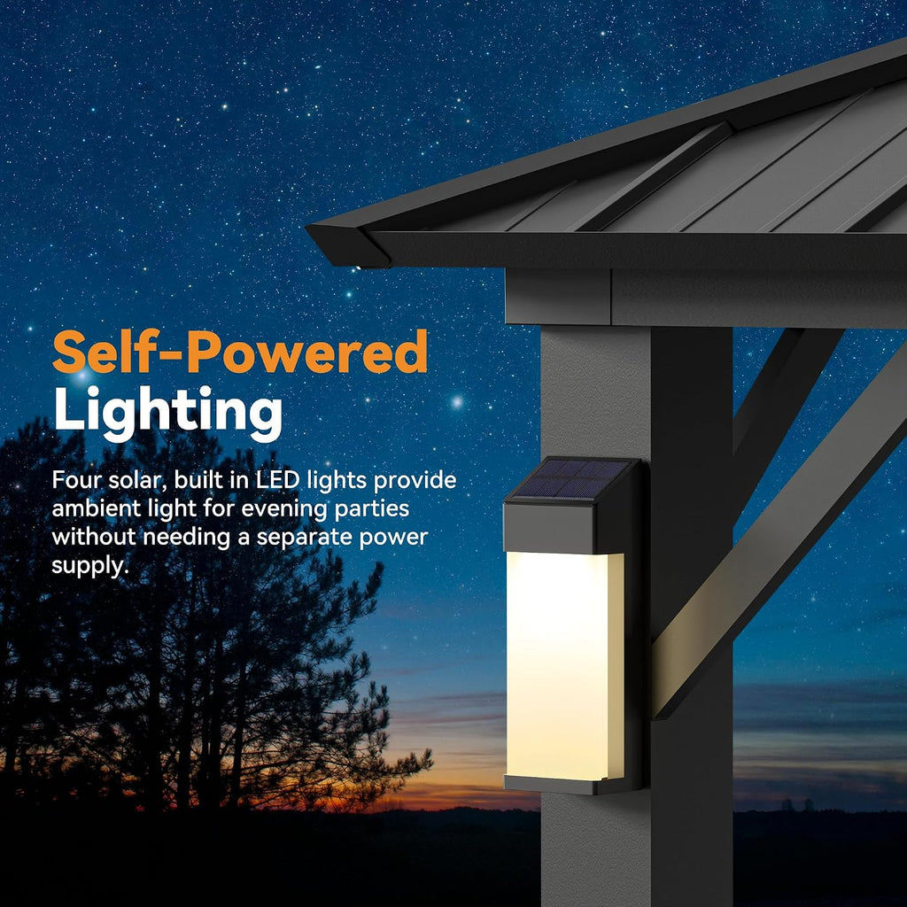 Modern Shade Hardtop Gazebo 10x14 with 4 LED Lights for Backyard, Black