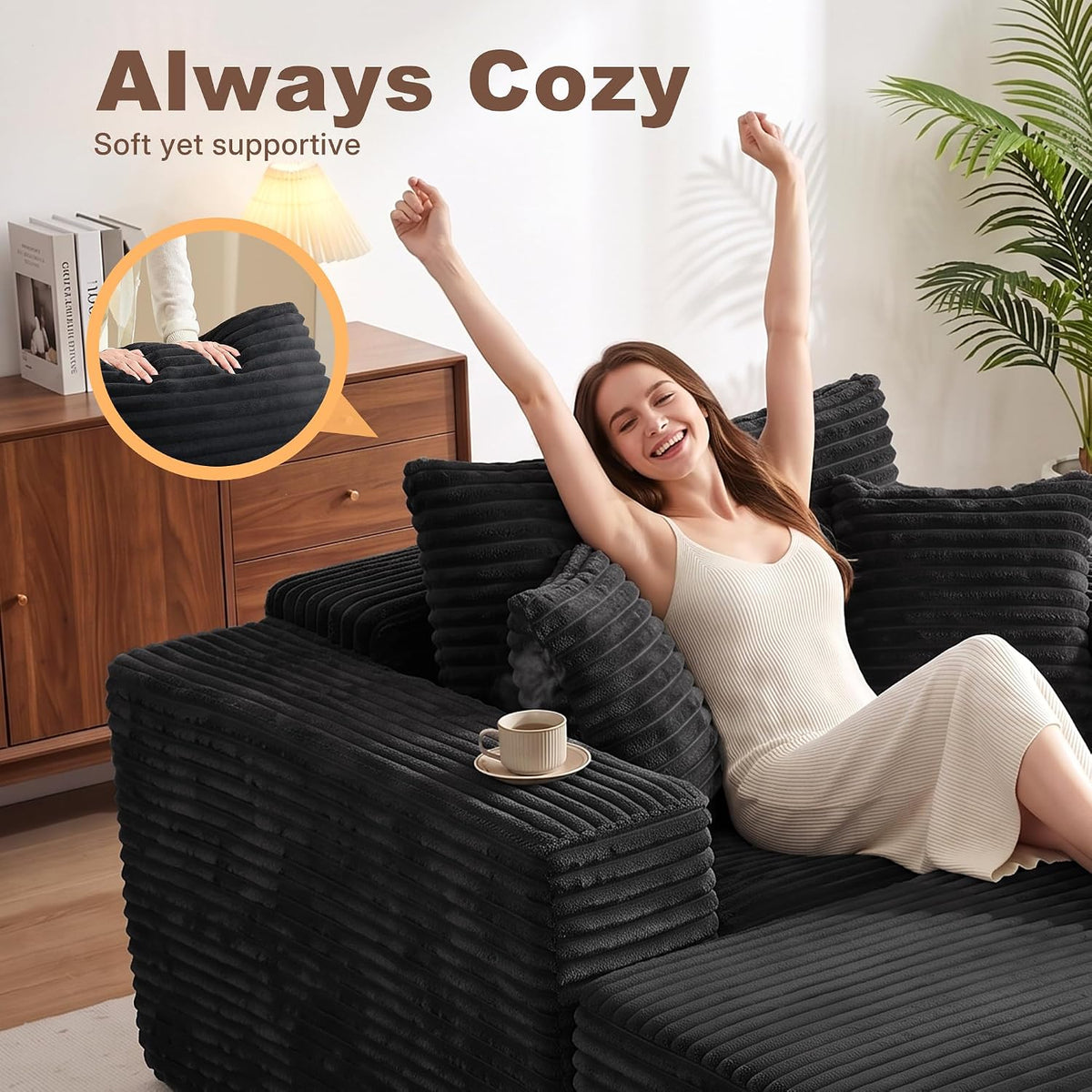 Busaurus 60'' Oversized Chaise Lounge Chair Indoor with Ottoman, Convertible Boneless Sofa Bed & Corduroy Reading Chair for Living Room & Bedroom, No Assembly Required
