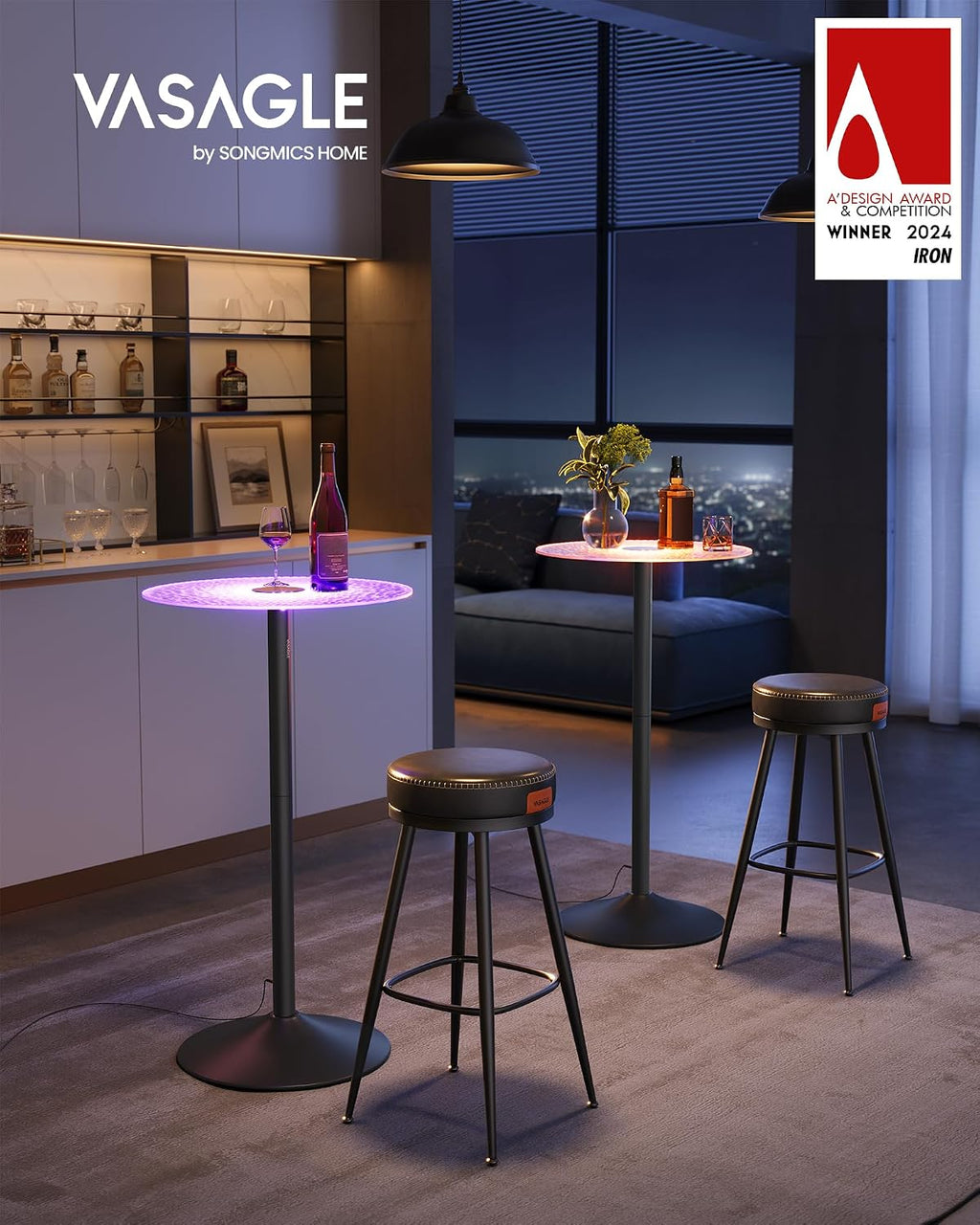 VASAGLE Round Bar Table with Multi-Colored Lights and Glass Top