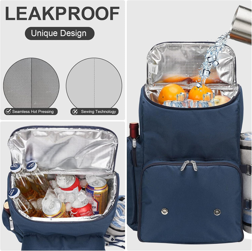 Picnic Backpack for 4 Person w/Cooler & Waterproof Blanket,Blue