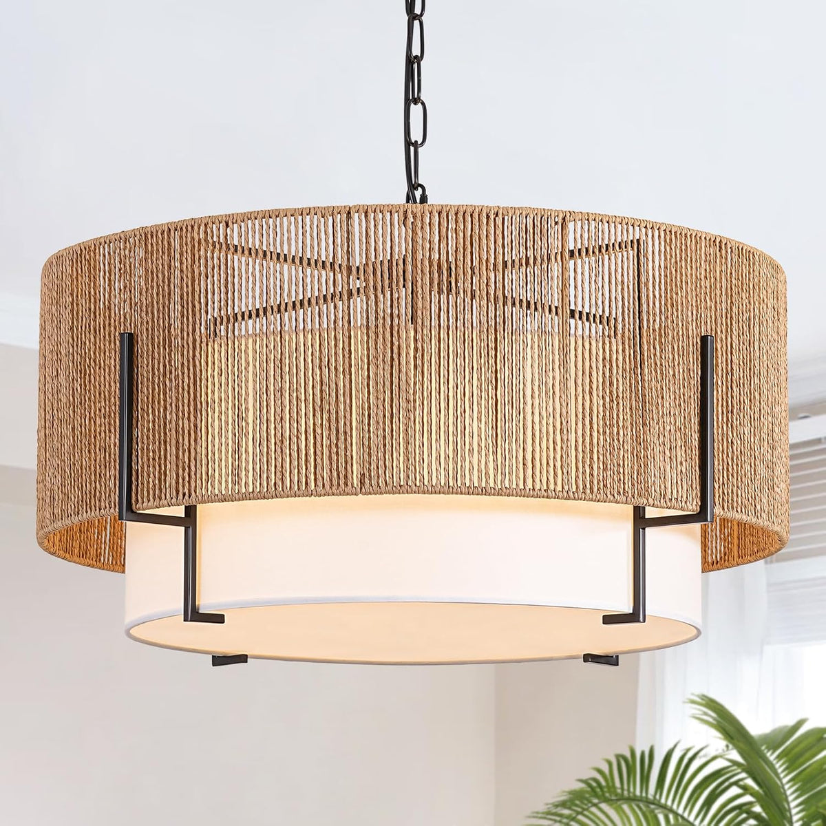 25.6" large rattan chandelier for dining room, 6-light shown in use
