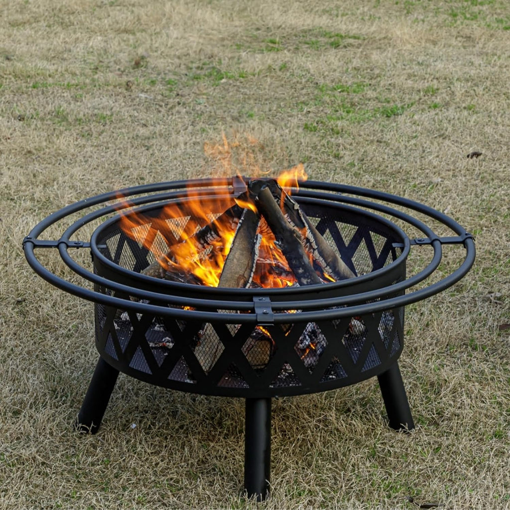 EcoNook 36 Inch Wood Burning Fire Pit with Spark Screen & Fire Poker