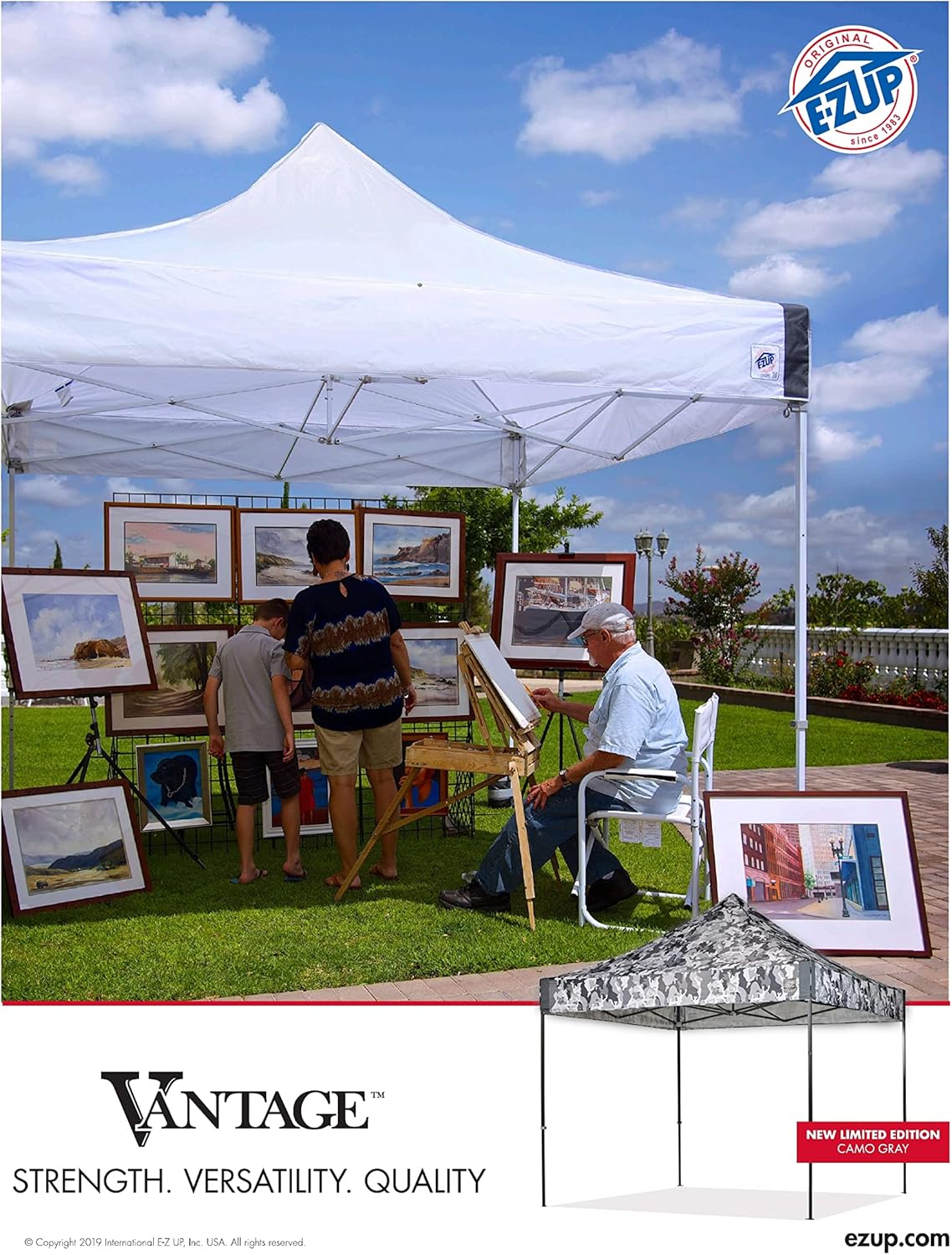 E-Z UP 10x10 Vantage Pop Up Canopy Tent, Steel Frame, Black Top, Wide-Trax Roller Bag & Spike Kit