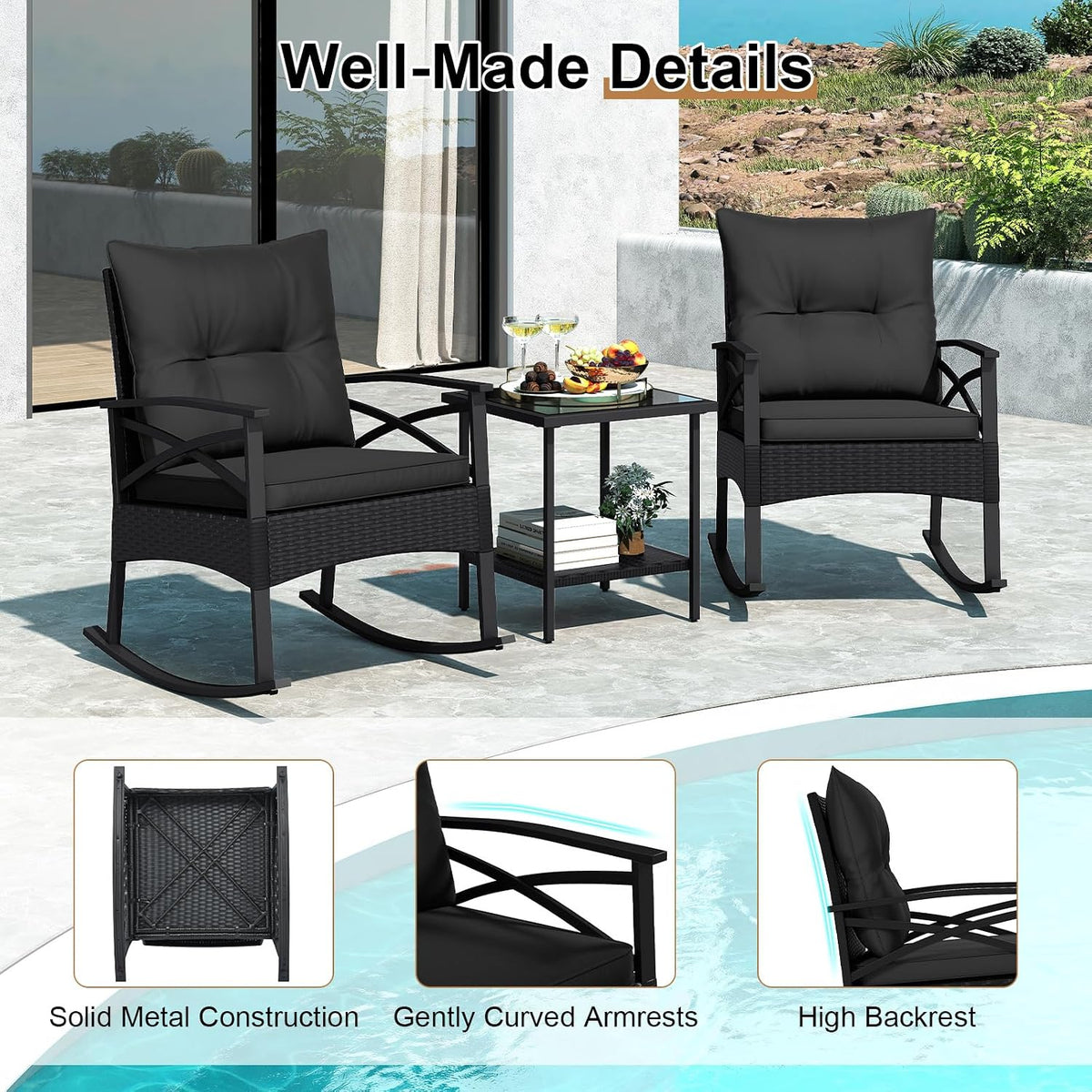 Tangkula 3 Pieces Wicker Outdoor Rocking Chairs Set