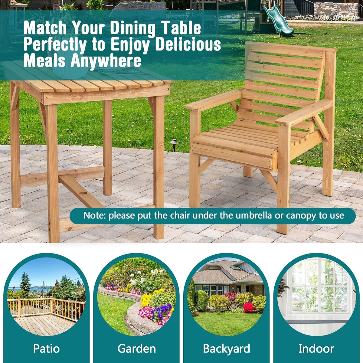 GIANTEX Outdoor Patio Dining Chairs, Solid Wood Bistro Chairs, Inclined Backrest, Wide Seat, Indoor Outside Chairs for Garden Lawn Porch Yard (1)
