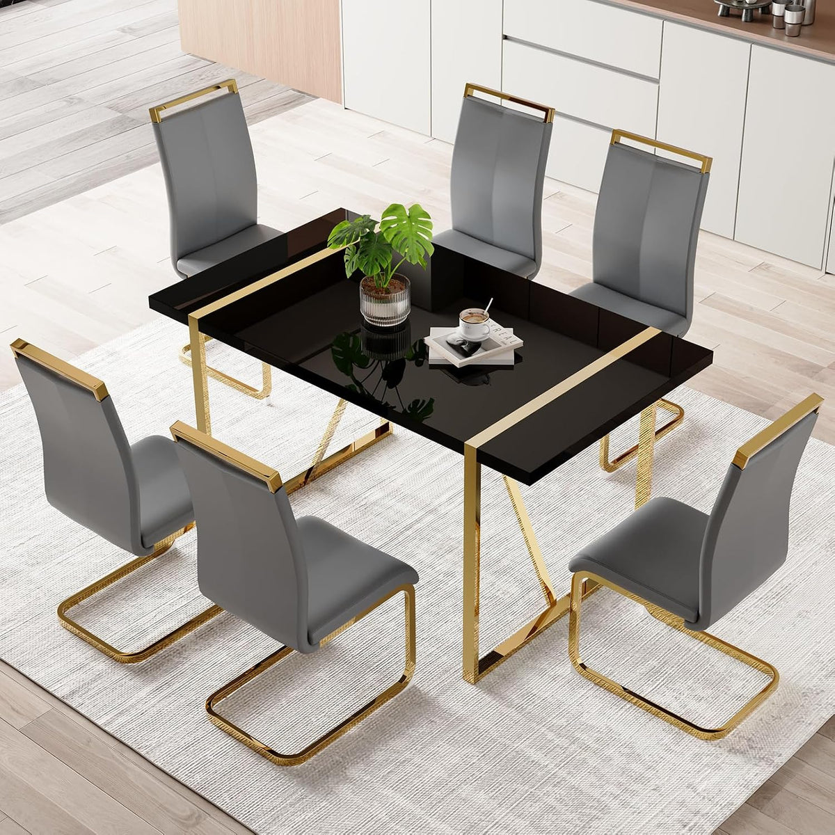 Modern Dining Table Set for 6, 55'' Dining Room Table Set with 6 Faux Leather Chairs, Black Wood Tabletop with Gold Metal Legs, Suitable for Small Space