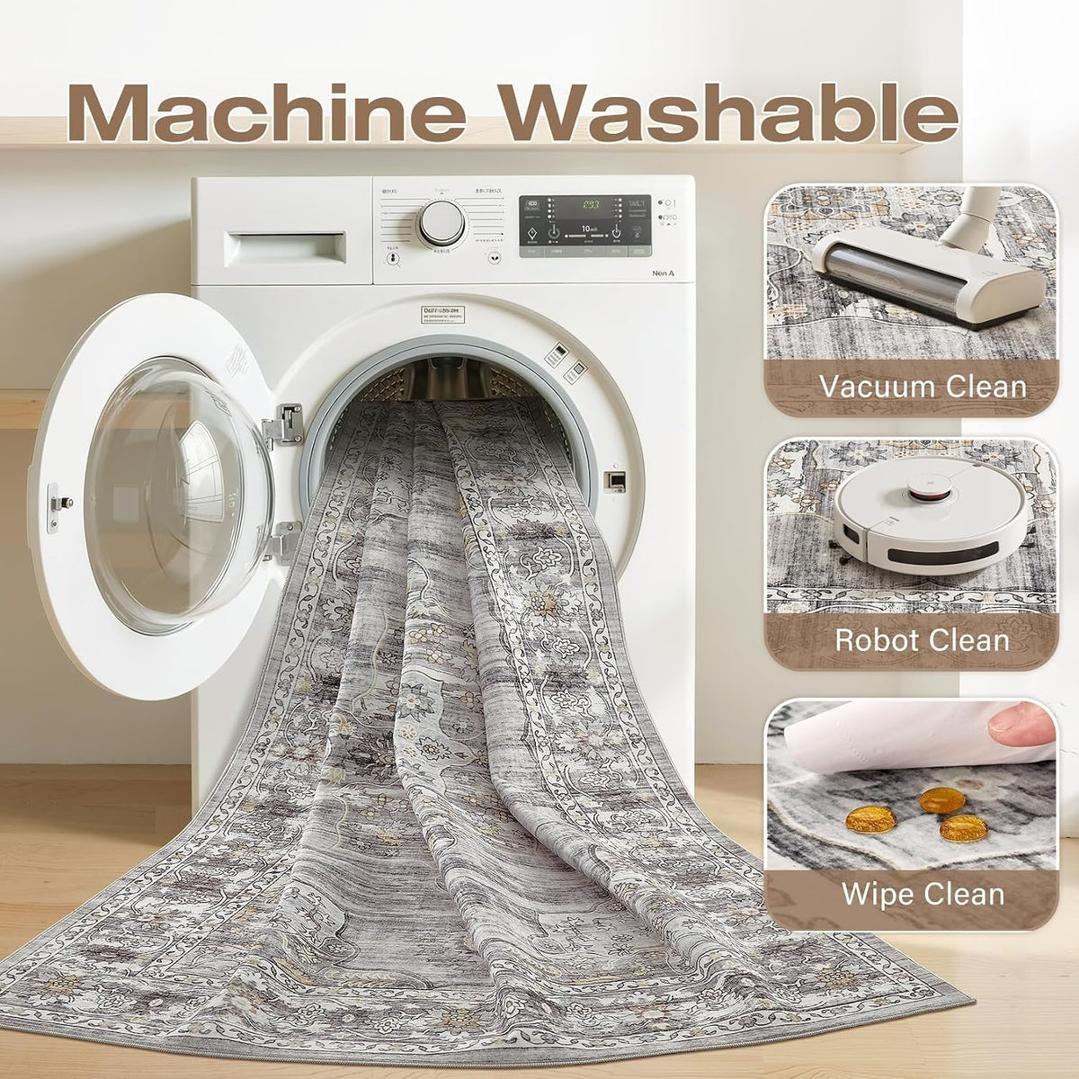 Vintage Washable 8x10 Area Rug, Non-Slip Indoor Carpet, Grey