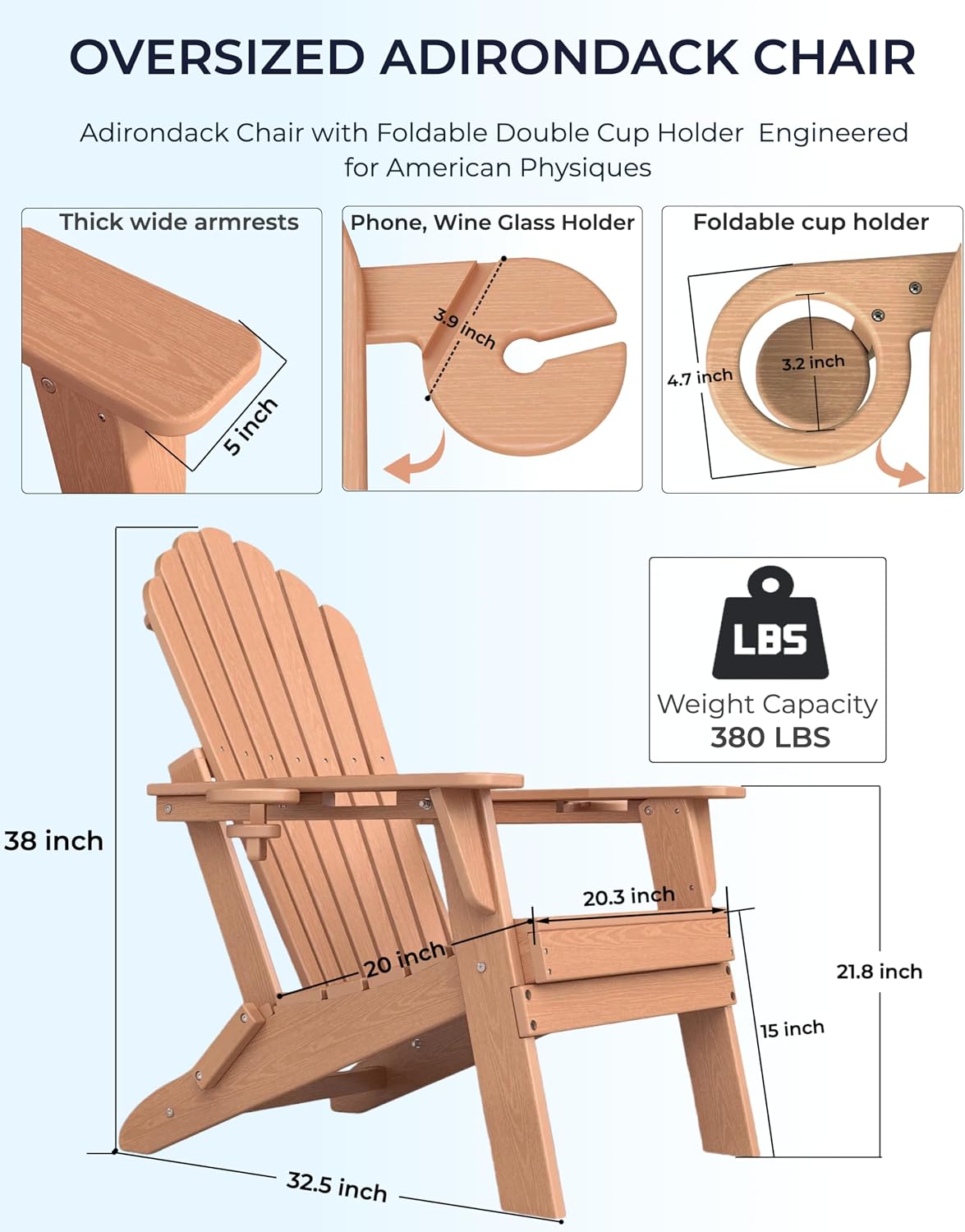 HDPE Folding Adirondack Chair with Dual Cup Holders, Cedar