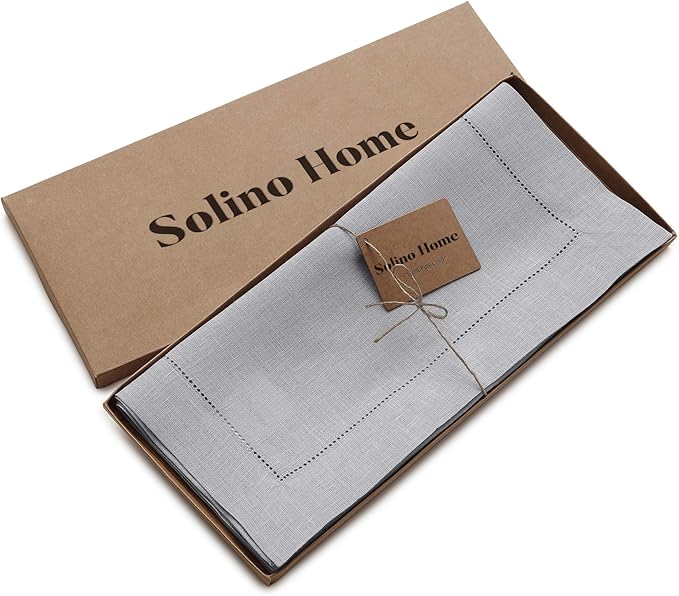 Solino Home Linen Soft Grey Table Runner 60 Inches - Classic Hemstitch, 100% Pure Linen Coffee Table Runner 14 x 60 Inch Ideal for Dresser Tables - Fall, Autumn, Halloween, Thanksgiving, Christmas