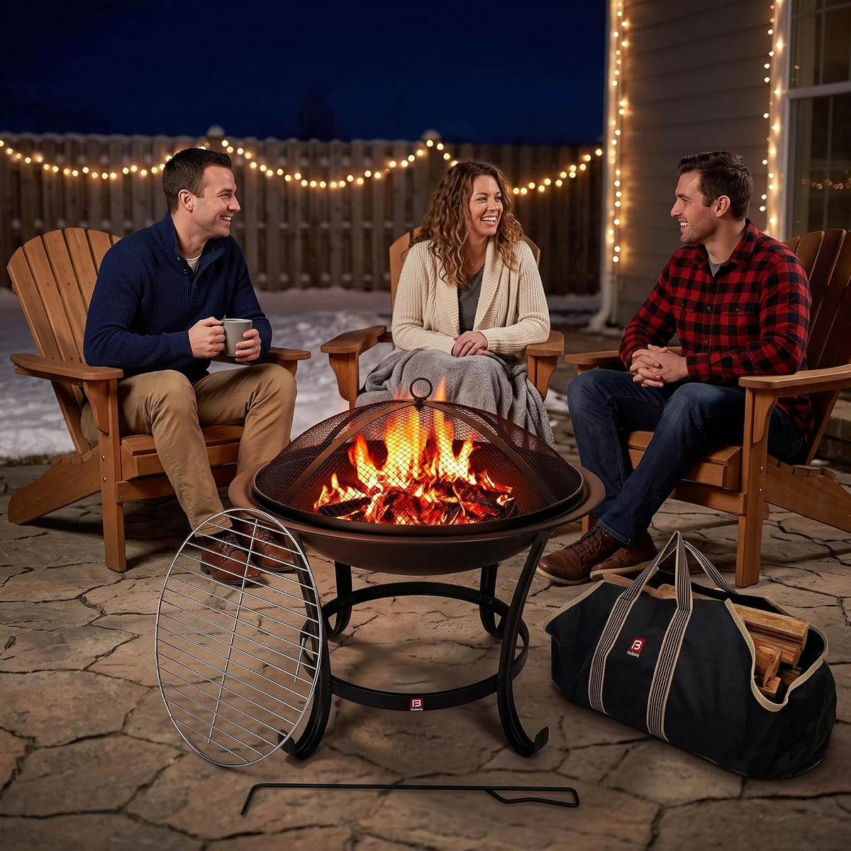 Fire Beauty 22" Fire Pit with 2-in-1 BBQ Grill, Spark Screen & Tote Bag