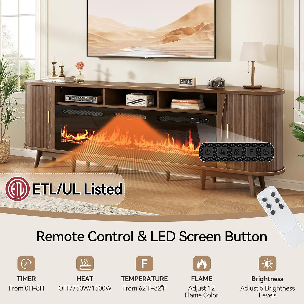 97" Fireplace TV Stand for 100" TV, Mid Century Modern Entertainment Center with 60" Electric Fireplace, Media Console with Sliding Doors & Adjustable Shelves for Living Room, Walnut