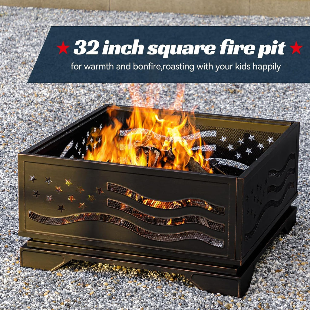 Verdeluxe Outdoor 32Inch Square-Shaped Fire Pit with Spark Screen