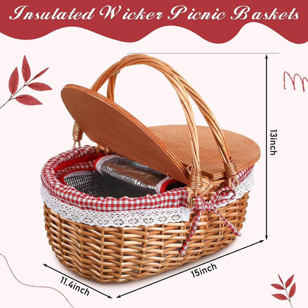 DoubleFill Wicker Insulated Picnic Basket with Lid, Cooler Bag,Red Plaid