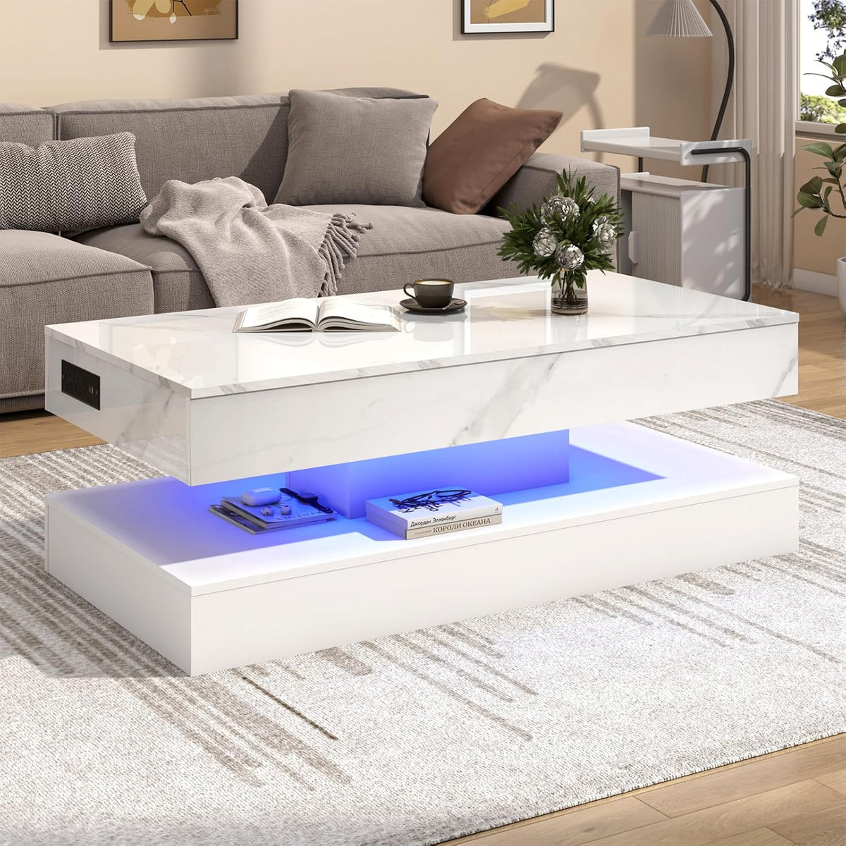 chartustriable 47.2" Large Lift Top Coffee Table, Modern LED High Glossy Coffee Table with Storage for Living Room, Lift Up Living Room Center Tables with Charging Station, LED Lights, White