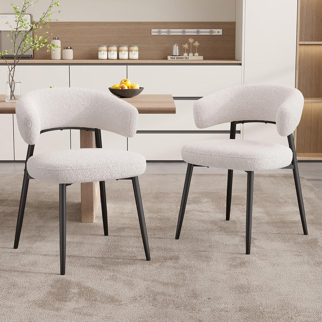 Dining Chairs Set of 2, Mid Century Modern Kitchen Chairs, Boucle Upholstered Dining Chair with Curved Backrest & Metal Legs for Kitchen Dining Room, White