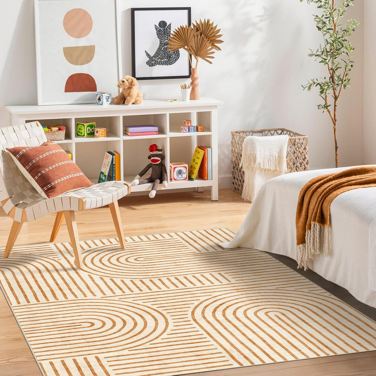 LUXRUG Washable Area Rug 5x7 Boho Non-Slip Modern Orange Living Room Rug