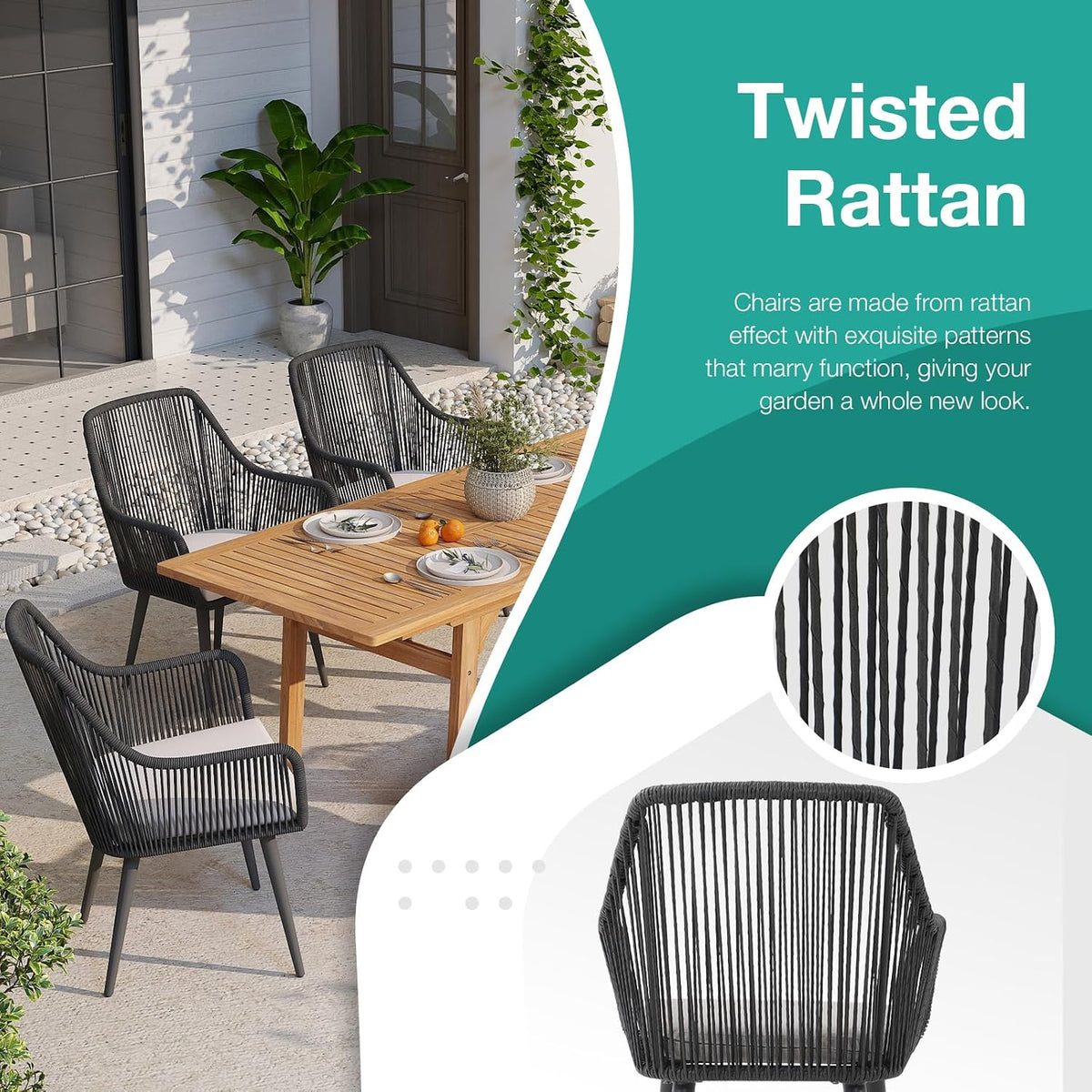 Patiorama 7 Piece Outdoor Dining Set, 55"-71" Wood Expandable Table, Black