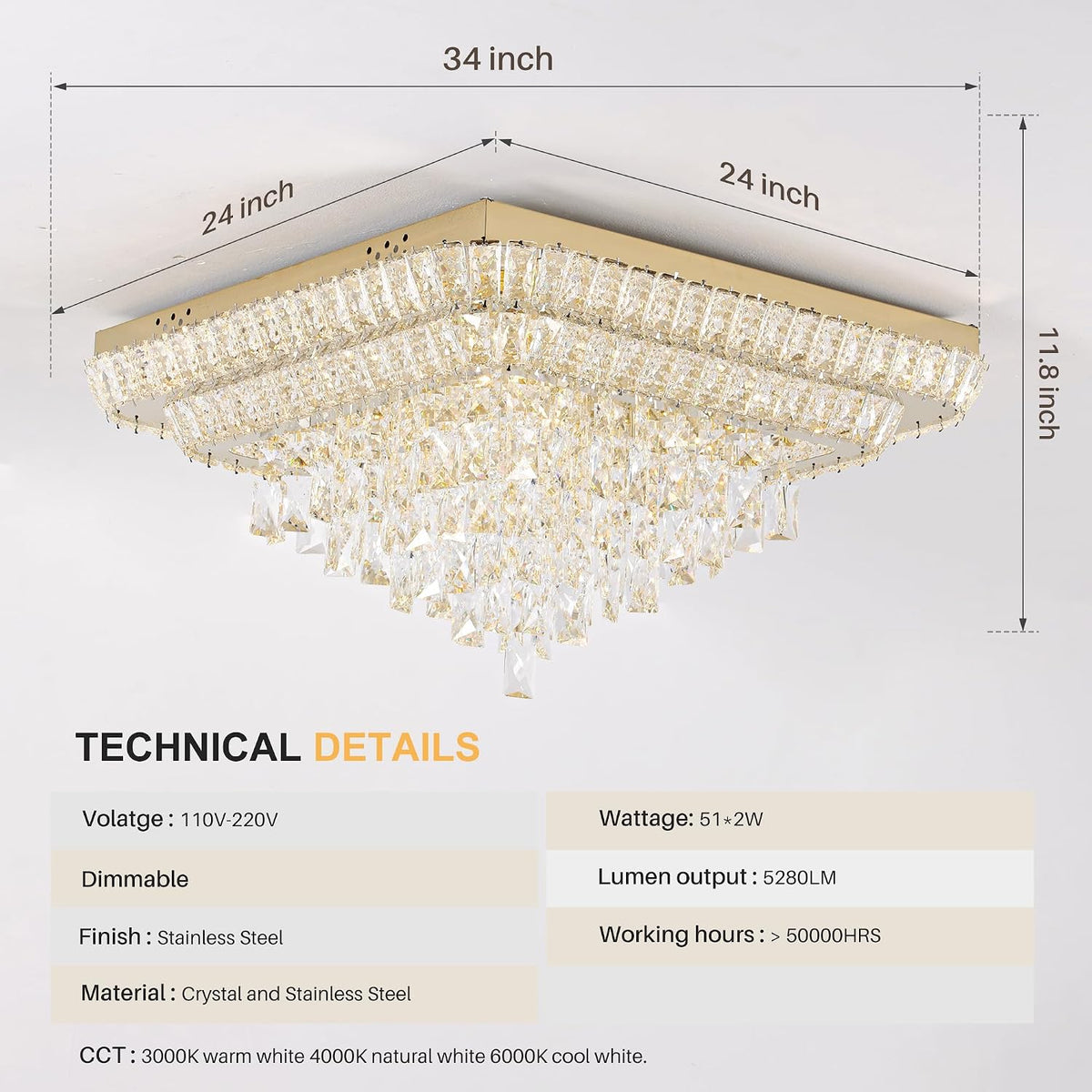 Miuyhji Elegant Crystal Raindrop Ceiling Light Gold Flush Mount Chandelier