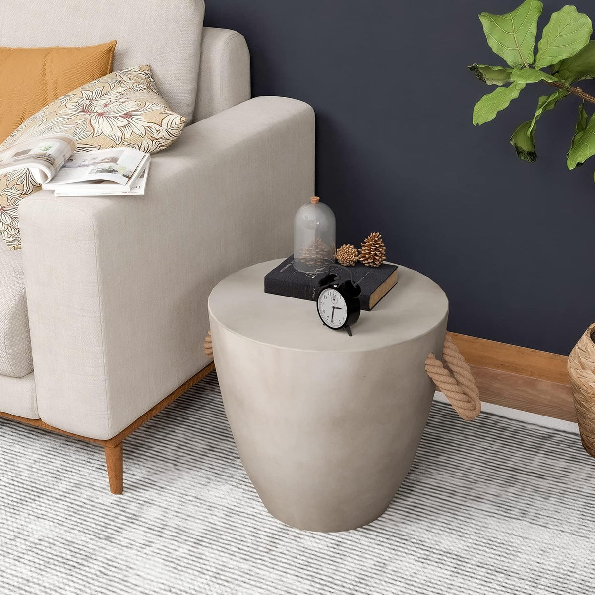 HOMPUS Concrete Outdoor Side Table Drum Accent Light Gray Modern End Table