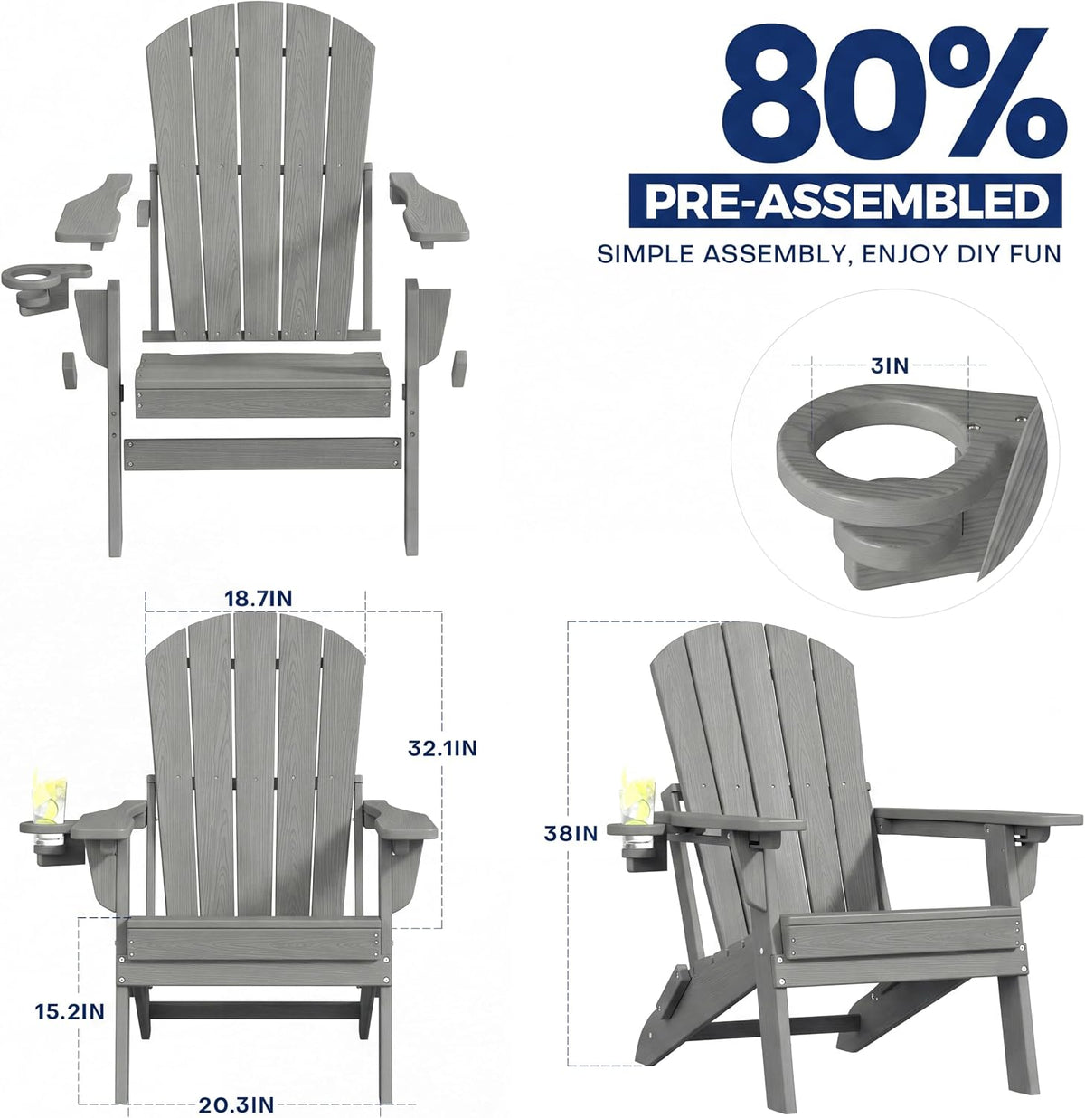 Plawdlik Folding Adirondack Chair Adjustable 3-Position Backrest, Gray