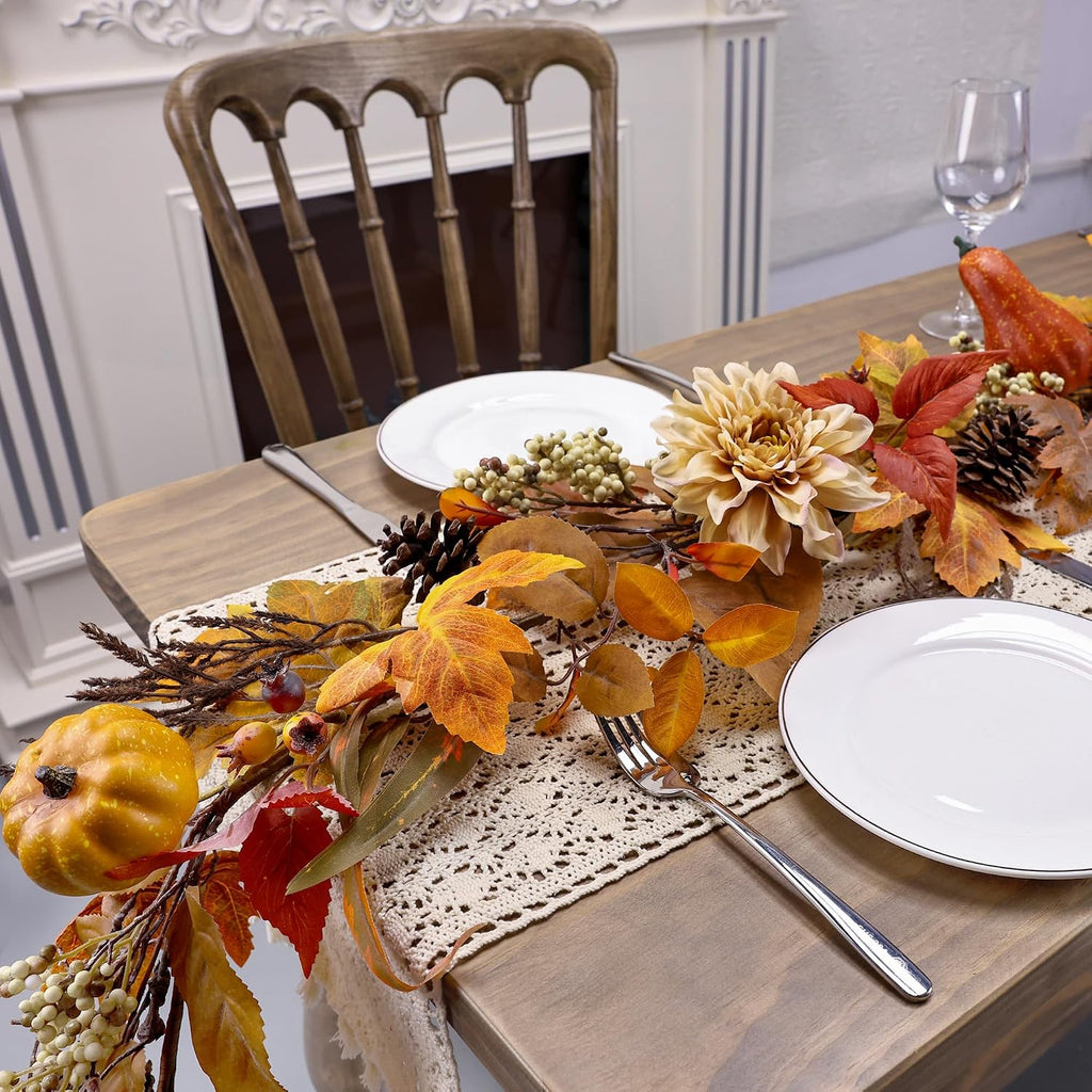Fall Garland 6Ft Lifelike Autumn Maples Leaf Pumpkin Garland with Berries Pine Cones, Fall Decorations for Home Thanksgiving Halloween Fireplace Farmhouse Porch Indoor Outdoor Decorations