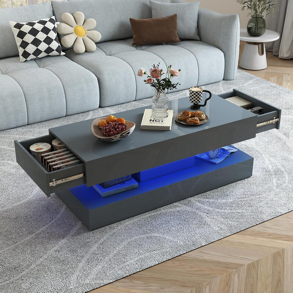 Verano Garden 47" High Gloss LED Coffee Table, Large Storage Center Table