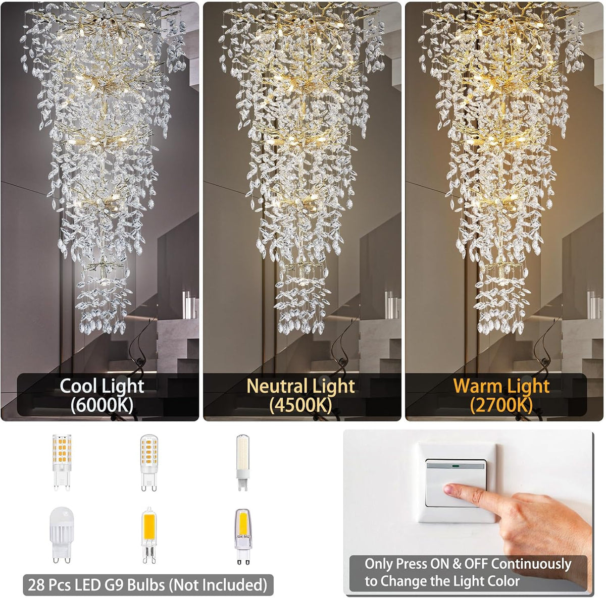 118'' Long Chandelier for High Ceiling, 28-Light Luxury Gold Tree Branch Crystal Chandelier, Large Chandeliers for High Ceilings Staircase Foyer Entryway, 5-Tier Modern K9 Crystal Raindrop Fixture