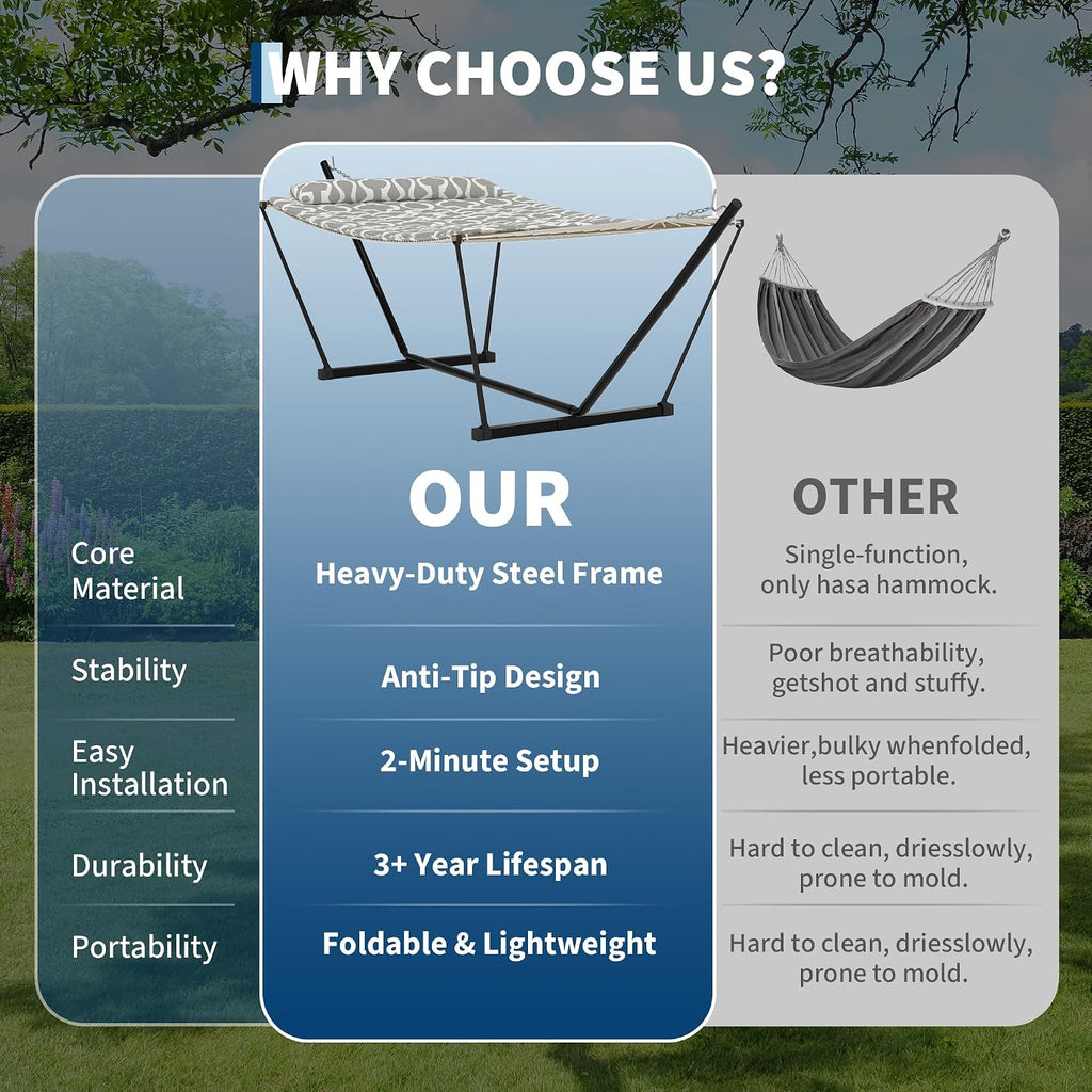 Garvee 2 Person Portable Double Hammock for Outdoor with Pillow, Heavy Duty Portable Hammock with Adjustable Steel Stand for Patio, Garden, Beach, Backyard