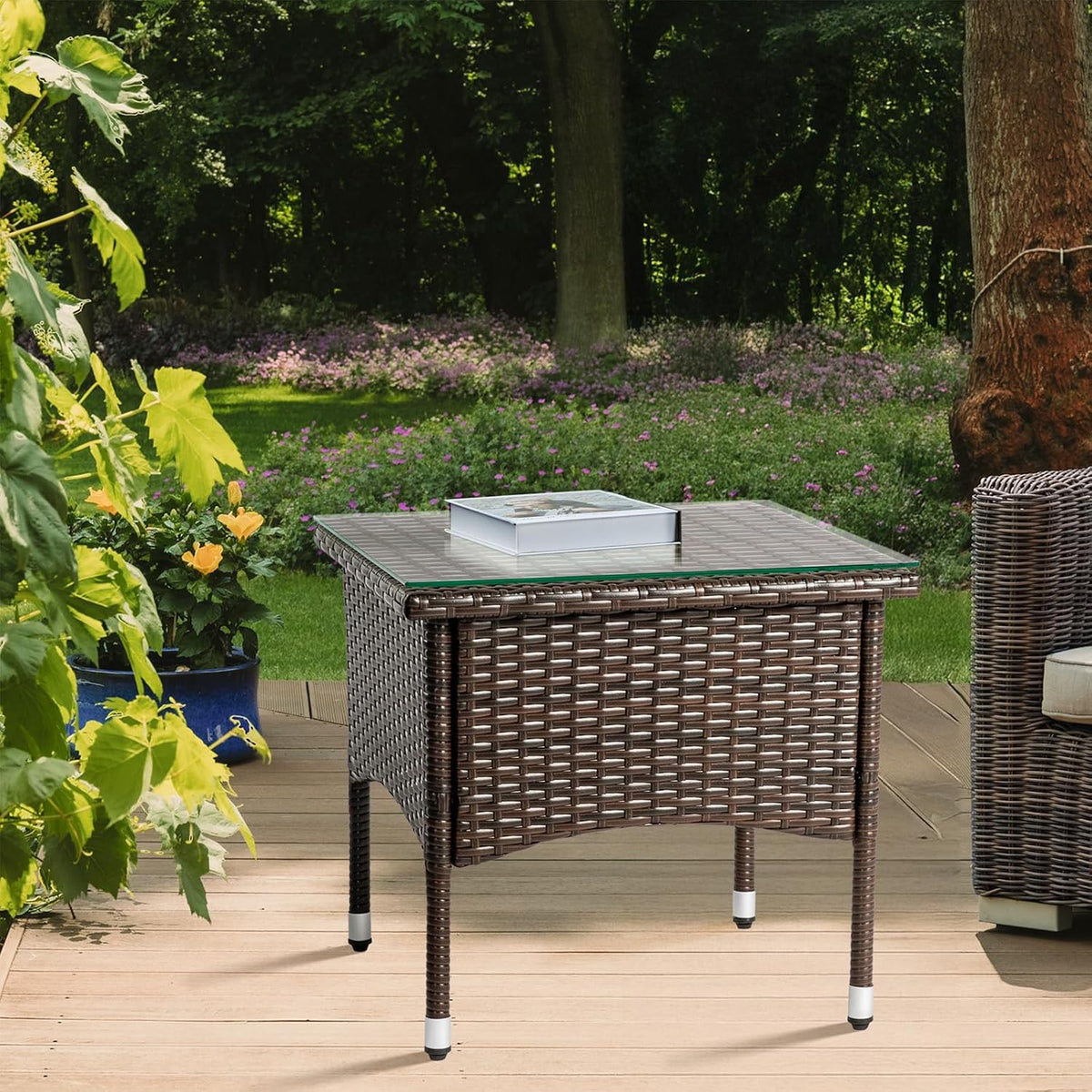 VINGLI Outdoor Wicker Side Table Patio Side Tables for Outside, Tempered Glass Top Wicker Table End Table for Balcony Porch Deck, Brown