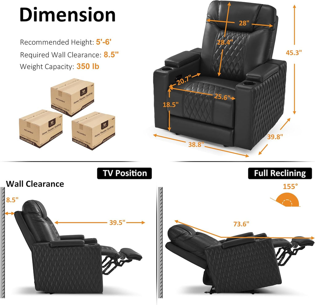 MCombo Oversized Leather Power Recliner Chair for Big and Tall (Black)