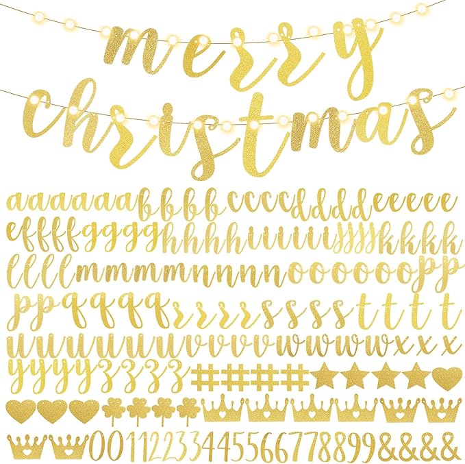 TaoBary 167 Pcs DIY Banner Kit Happy Birthday Glitter Banner Customizable Glitter Make Your Own Kit 162 Letters Symbols and Numbers 3 Rope for Birthday Halloween Wedding Christmas(Gold)