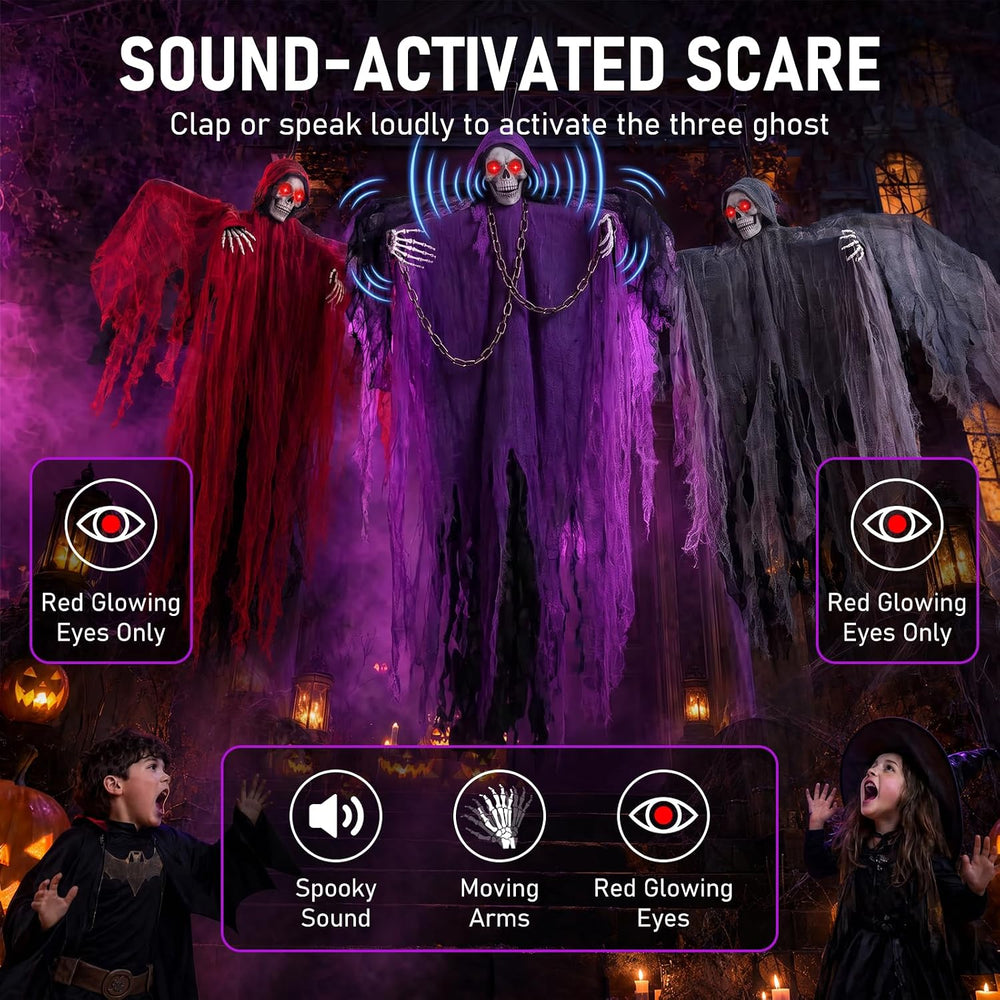 71" Halloween Hanging Skeleton Ghosts with Moving Grabbing Arm, Scary So...