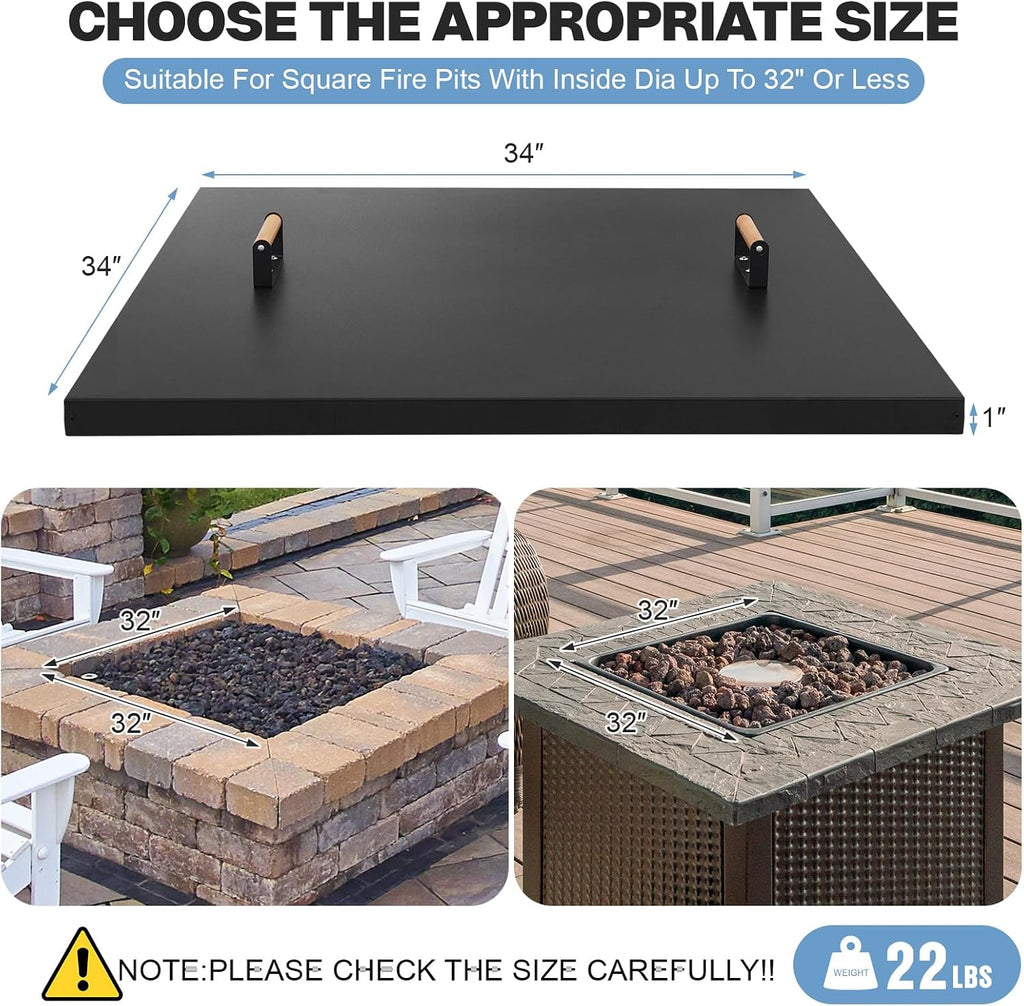 Fire Pit Lid Square 34", Heat Resistant Metal Firepit Cover