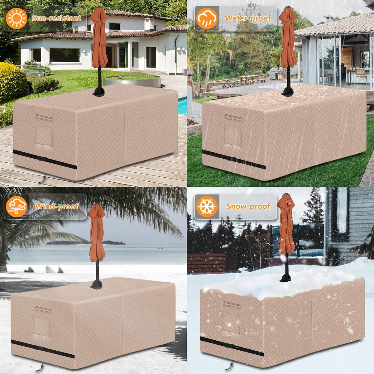 Rectangle Patio Table Cover with Umbrella Hole 108 Lx 82" W x 23.6" H,Khaki