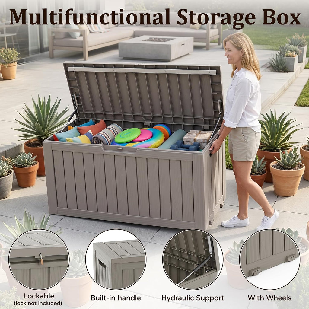 Outdoor Storage Box,120 Gallon Lockable Deck Box with Wheels,Grey