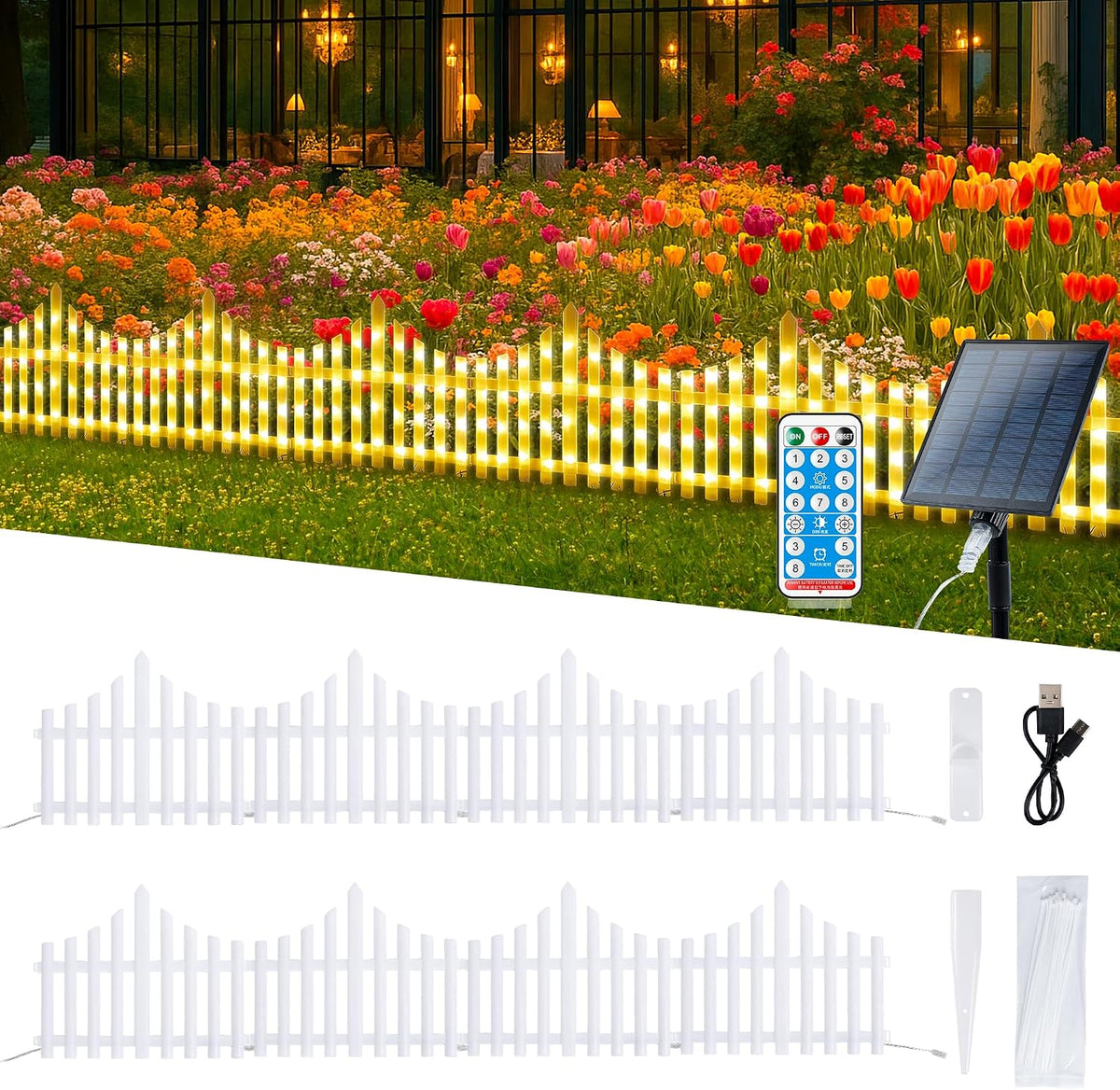 Hopolon 8 Pack Lighted Garden Fence, 11.1in (H) X 9.1ft (L) Warm White
