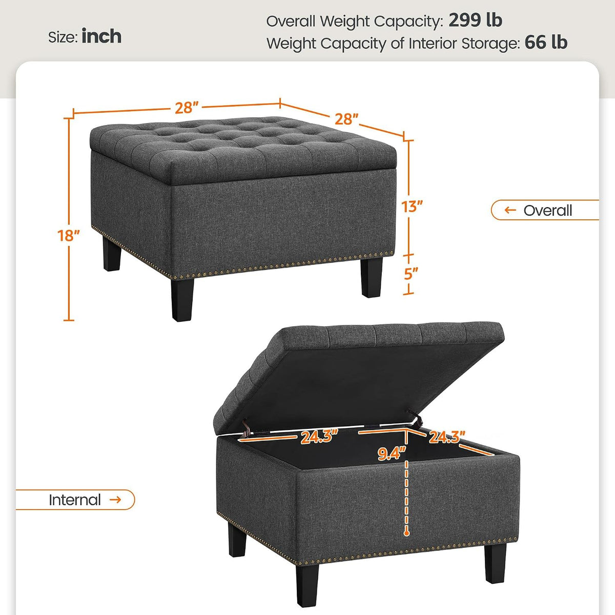 Yaheetech 28in Square Storage Ottoman Coffee Table with Nailhead, Dark Gray